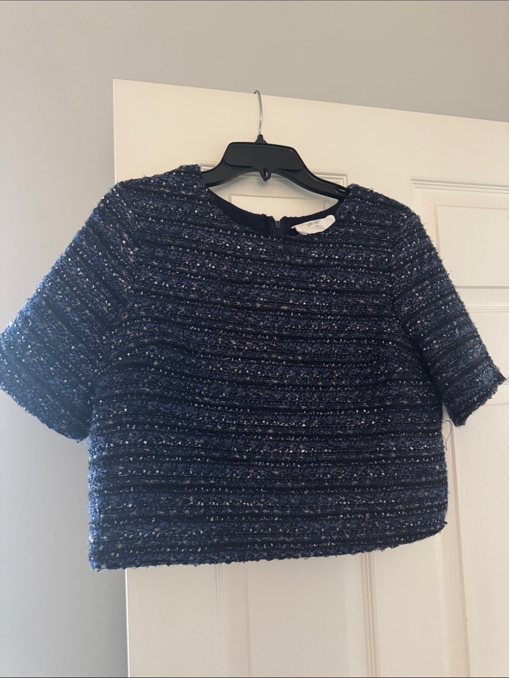 Navy Tweed Short-Sleeve Cropped Top